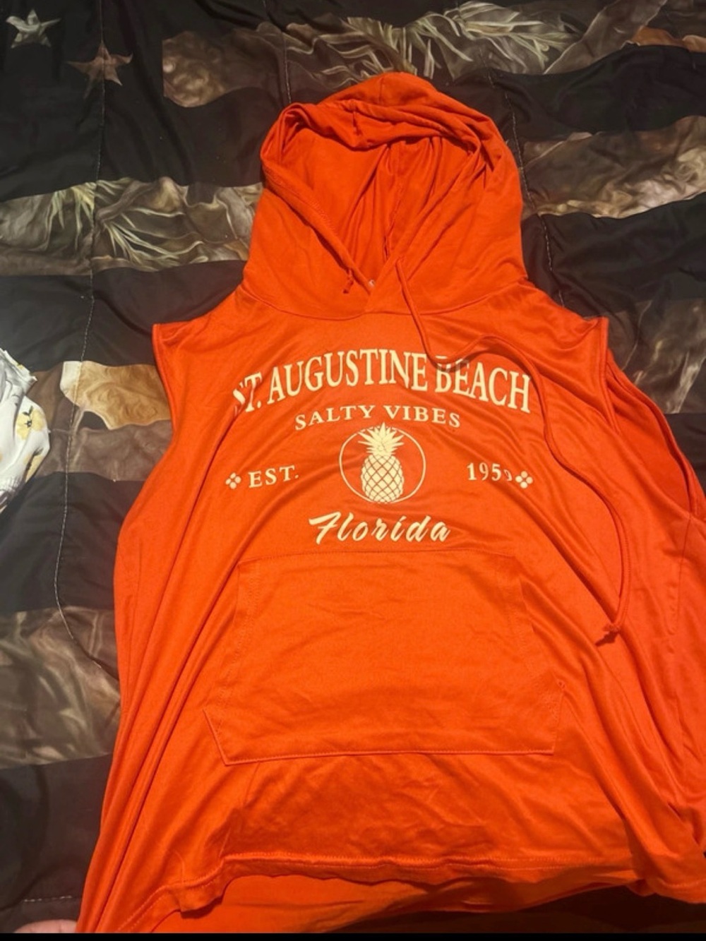 Native Orange Sleeveless Hoodie Tank Top with St. Augustine Beach Graphic